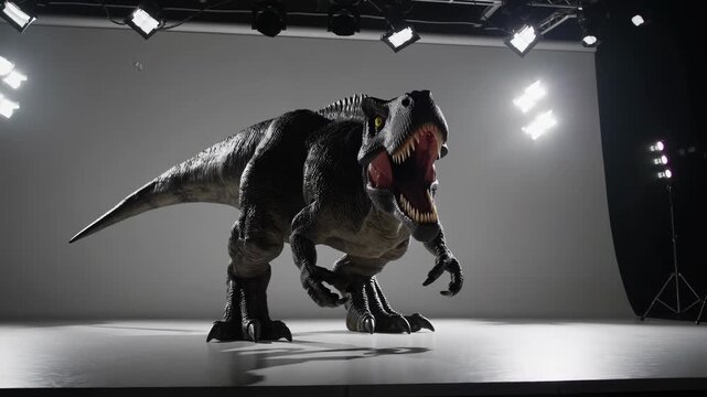 Dinosaur animatronic comes to life in a studio setting with dramatic lighting effects