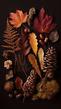 Moody flatlay of autumn leaves, pinecones and acorns on dark background with warm lighting