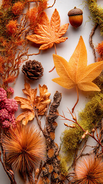 Flatlay composition of autumn leaves, acorns, pinecones and moss on a warm beige background