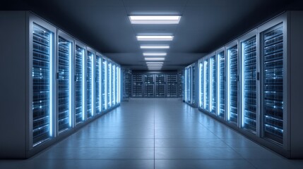 Modern Data Center: Server Racks, High Technology, Data Storage, Cybersecurity, and Information Technology Infrastructure