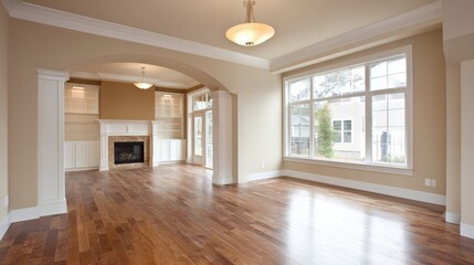 Fototapeta premium Bright and Spacious Living Room with Hardwood Floors and Natural Light in Modern Home