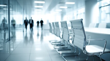 Modern Corporate Boardroom with Business Professionals Walking in the Background, Creating a Sense of Activity and Innovation
