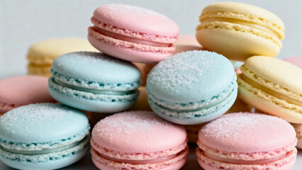 Obraz premium A stack of colorful macarons in pastel shades including pink, blue, and yellow, dusted with powdered sugar.