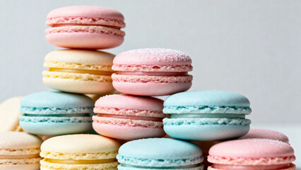 Obraz premium Stacked pastel-colored macarons arranged in a pyramid formation