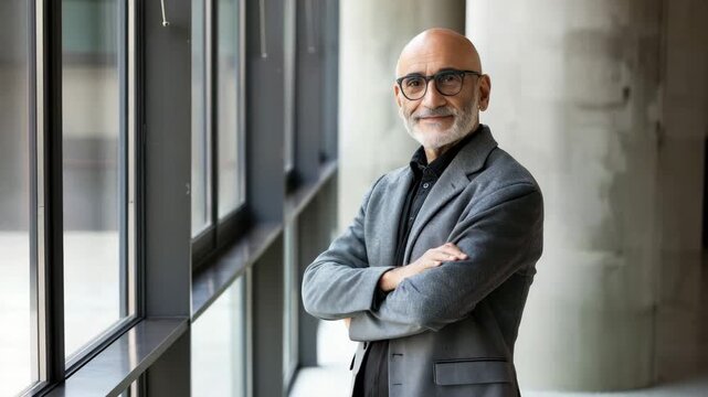 Older man in a gray blazer stands confidently by large windows in a modern office setting during daylight hours