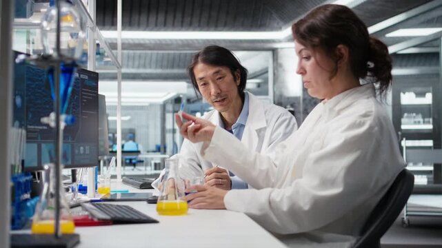 Lab manager and trainee shaking laboratory glassware filled with green indicator solution at workstation in research facility. Multiethnic team mixing chemical fluids inside cylinder, camera A