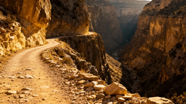Narrow dirt road winding along a steep canyon wall with rocky terrain and deep valley below