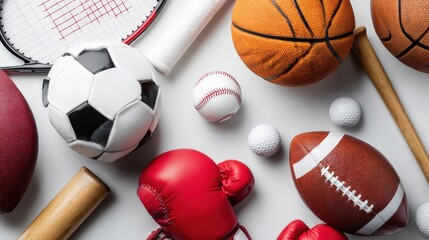 Overhead Shot of Various Sports Equipment Including Balls, Gloves, Racquet, on White Background