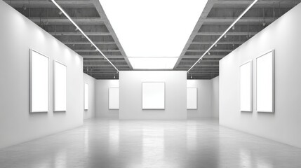 Fototapeta premium Symmetrical Modern Art Gallery Interior with Blank White Canvases for Exhibition and Display