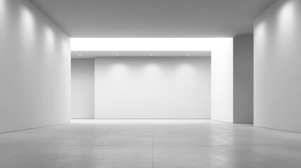 Obraz premium Minimalist Interior Design: Empty White Gallery Space with Modern Lighting, Ideal for Art Exhibition and Showcases