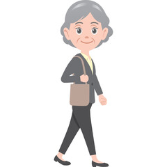 Smiling Senior Woman in Business Attire Walking with a Shoulder Bag Across a Transparent Background Wearing a Dark Gray Suit and Black Shoes