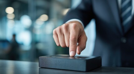 Businessman's Finger Presses Black Button in Modern Office, Demonstrating Control and Futuristic Technology