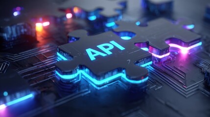 API Integration Concept: Puzzle Pieces Connecting on a Futuristic Circuit Board