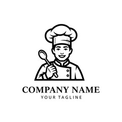 Black and white illustration of a smiling chef holding a spoon, with company name and tagline.