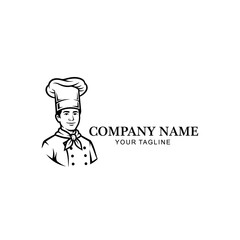 A black and white illustration of a chef wearing a tall toque and a neckerchief, with text for company name and tagline.