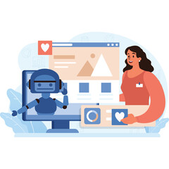 Obraz premium Smiling Woman Collaborating With A Blue Robot On A Computer Screen Displaying Website Content With Graphs And Social Media Icons Against A Transparent Background