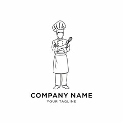 Minimalist line art logo of a professional chef in uniform holding a wooden spoon.