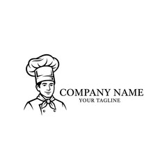 Black and white line art logo of a smiling male chef in a toque hat for a culinary business.
