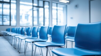 Empty Blue Chairs in a Conference Room Setting for Business, Education, and Corporate Events