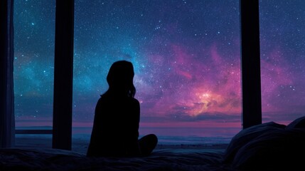 Fototapeta premium Silhouette Woman Gazing at Milky Way Galaxy Through Window, Dreamy Night Sky Scene