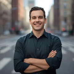 Obraz premium Confident young man standing on a busy urban street with arms crossed, smiling and looking at camera, representing positivity, professionalism, success, and modern lifestyle in city environment
