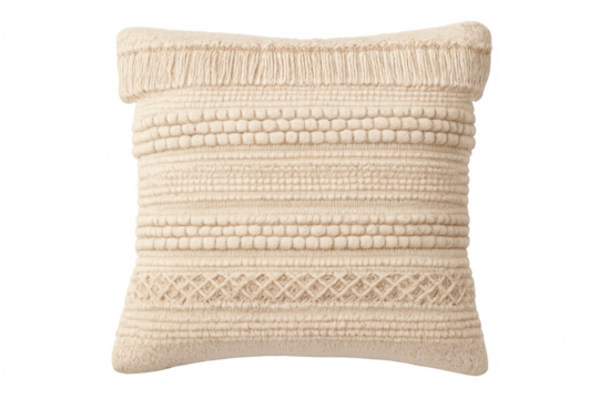 Cream decorative pillow with boho textile fringe and texture