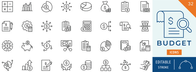 Budget icon collection set. Editable stroke.
