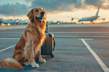 Pet dog and rolling suitcase on airport runway, aviation in motion, symbol of modern travel with animals