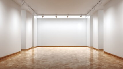 Fototapeta premium Empty Gallery Interior with White Walls and Polished Wood Flooring, Ideal for Art Exhibits and Mockups