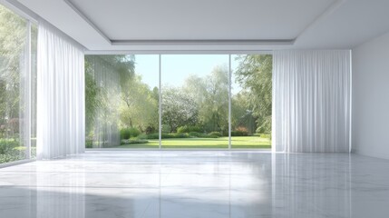 Fototapeta premium Bright Modern Room with Garden View: Minimalist Interior Design and Tranquil Nature Scenery