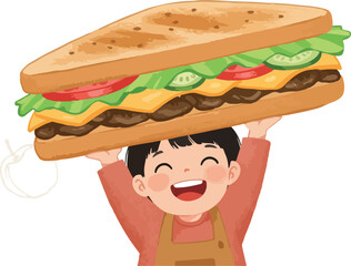 Joyful Kid Holding Giant Delicious Sandwich Cartoon Style