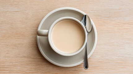 Obraz premium Overhead Shot of Creamy Coffee or Tea in a Cup on Wood Table