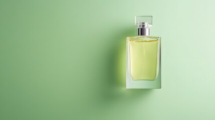 Rectangular glass perfume bottle containing light green liquid casting a soft shadow on a solid green background