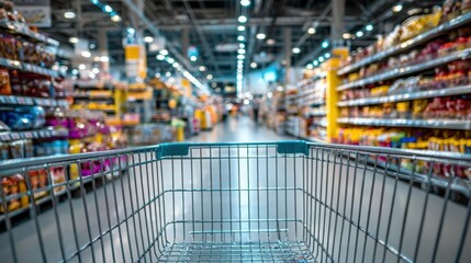 Shopping Cart View in Grocery Store Aisle Featuring Shelves of Products and Blurred Shoppers
