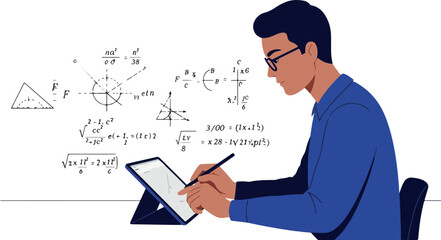 Fototapeta premium Man in Blue Shirt Studies Math Equations on Tablet