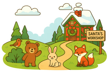 Fototapeta premium Santa's workshop with cute forest animals visiting the festive christmas building on a snowy hill, transparent background