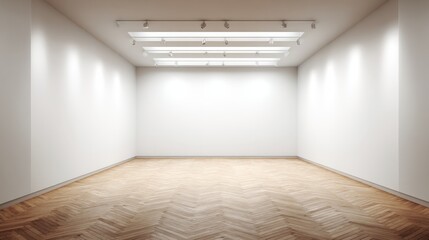 Empty Gallery Interior with White Walls and Parquet Flooring, Ideal for Art Exhibition and Presentation
