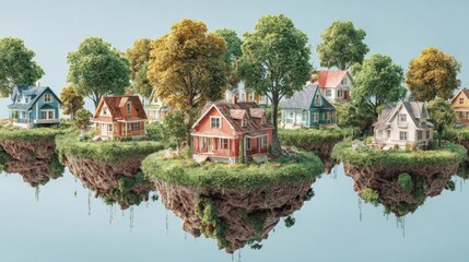 Obraz premium Floating Houses on Miniature Islands Surrounded by Trees, Representing Real Estate, Imagination, and Tranquil Living