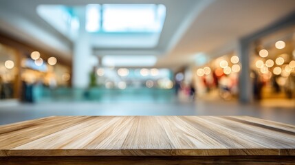 Wooden Tabletop Display with Blurred Retail Shopping Mall Background for Product Placement and Mockup Presentations