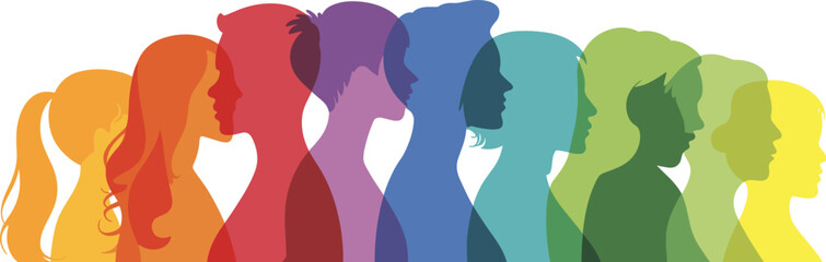 Diversity silhouettes in rainbow colors, inclusive human profiles, unity and equality concept, multicultural community, LGBTQ pride, social harmony illustration design