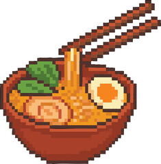 Obraz premium Pixelated illustration of a bowl of ramen with chopsticks, noodles, egg, and other ingredients.