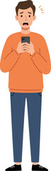 Man Shocked Looking Phone Pixel Art Flat Illustration Orange Sweater Blue Jeans