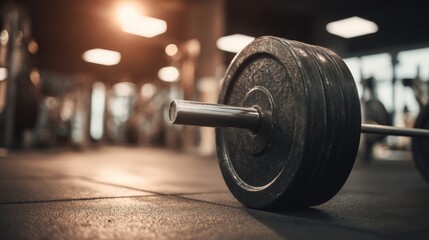 Barbell with Weight Plate on Gym Floor Ready for Workout and Strength Training