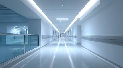 Clean Hospital Interior: Modern Architecture, Long Corridor with Lighting, Minimalist Design for Healthcare and Commercial Use