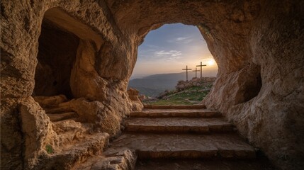 Empty Tomb with Three Crosses at Sunrise: Representing Resurrection, Faith, and New Beginnings