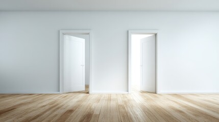 Two Open Doors in a Minimalist White Room with Wooden Floor, Symbolizing Choice and Opportunity