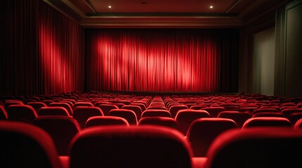 Fototapeta premium Empty Theater with Red Velvet Seats and Curtains, Ready for a Show or Performance
