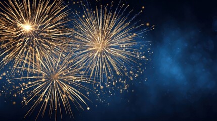 Fototapeta premium Golden Fireworks Bursting on a Deep Blue Background, Celebrating Festive Occasions with Bright Illumination