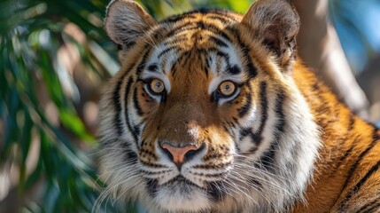 Naklejka premium Majestic Tiger Portrait in Natural Habitat, Captivating Wildlife Photography, Focusing on Intense Gaze and Striking Fur