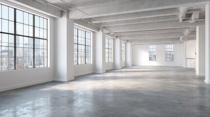 Fototapeta premium Bright and Spacious Empty Industrial Loft Interior with Polished Concrete Floors and Large Windows